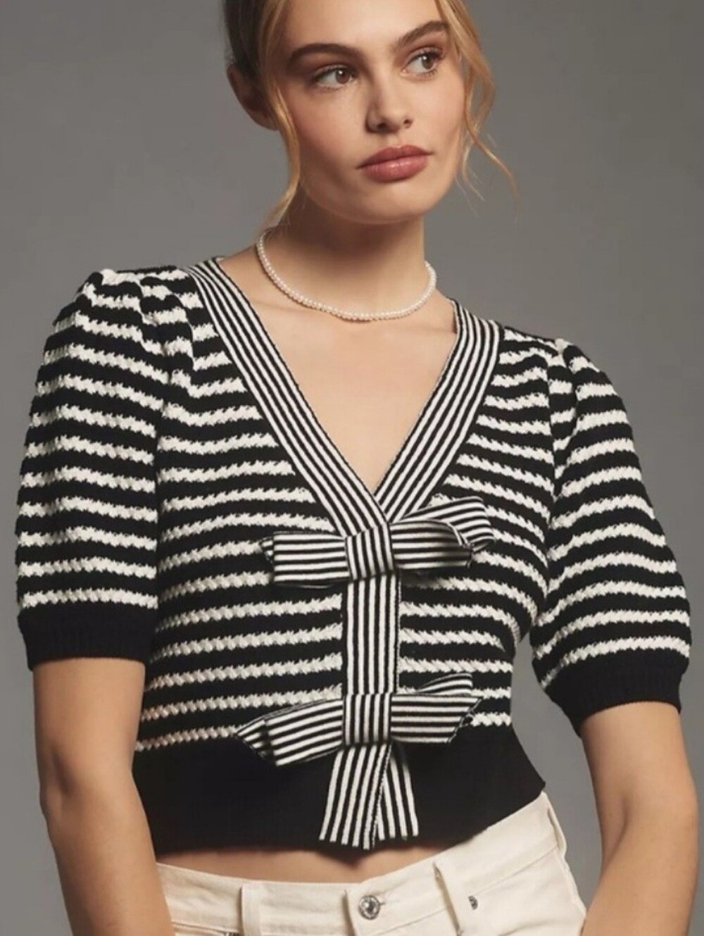 NVLT Striped Short Sleeve Sweater With Bow Bows Size M/L Black White